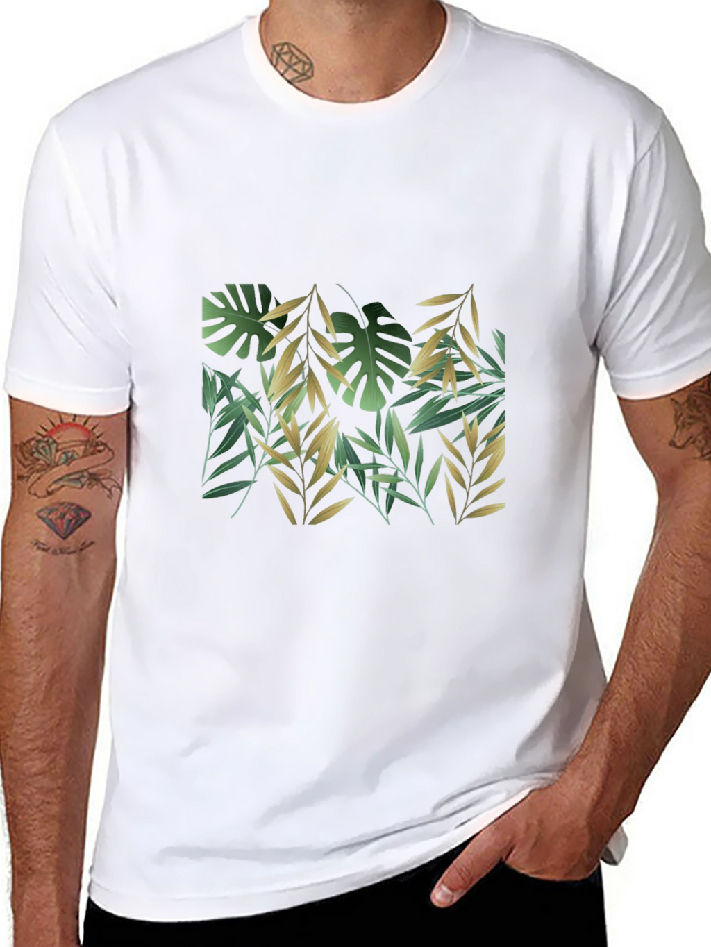 Tropical Leaf Print Black T-Shirt