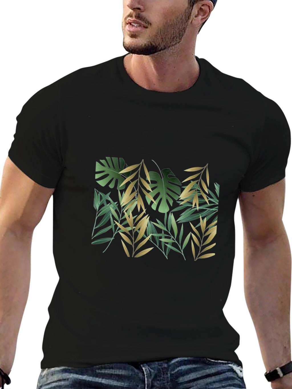 Tropical Leaf Print Black T-Shirt