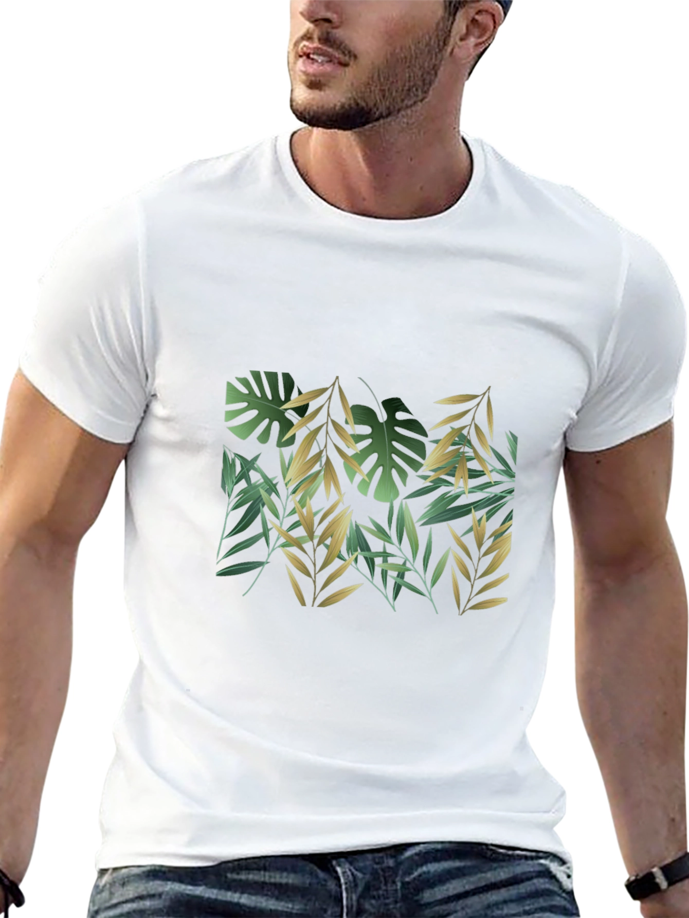 Tropical Leaf Print Black T-Shirt