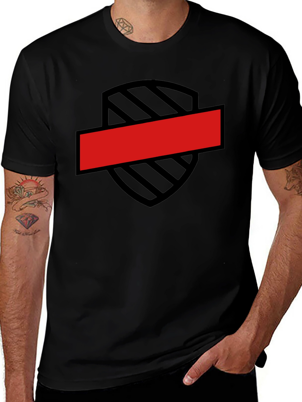 Black T-Shirt with Shield and Red Bar Design