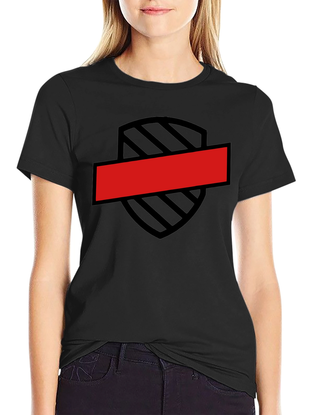 Black T-Shirt with Shield and Red Bar Design