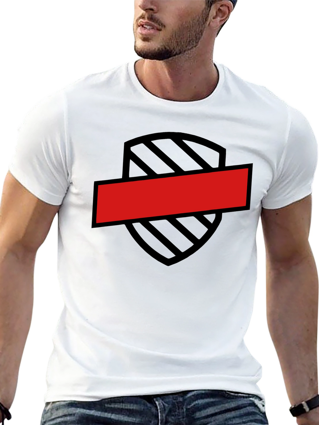 Black T-Shirt with Shield and Red Bar Design