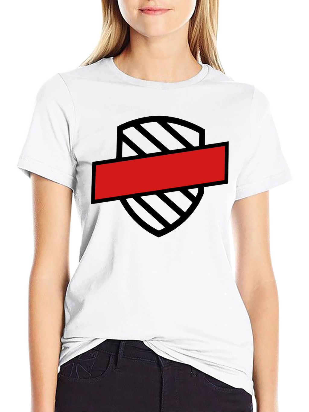 Black T-Shirt with Shield and Red Bar Design