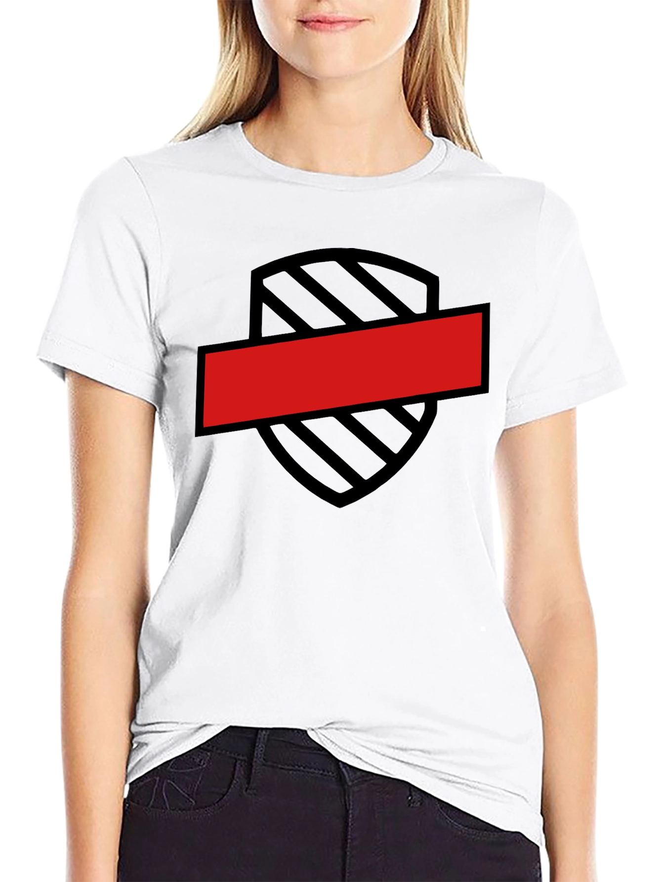 Black T-Shirt with Shield and Red Bar Design