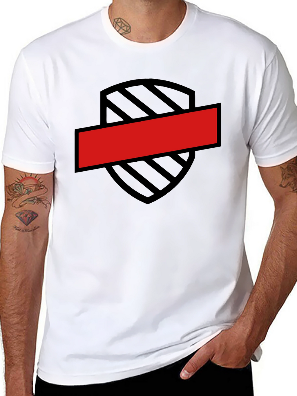 Black T-Shirt with Shield and Red Bar Design