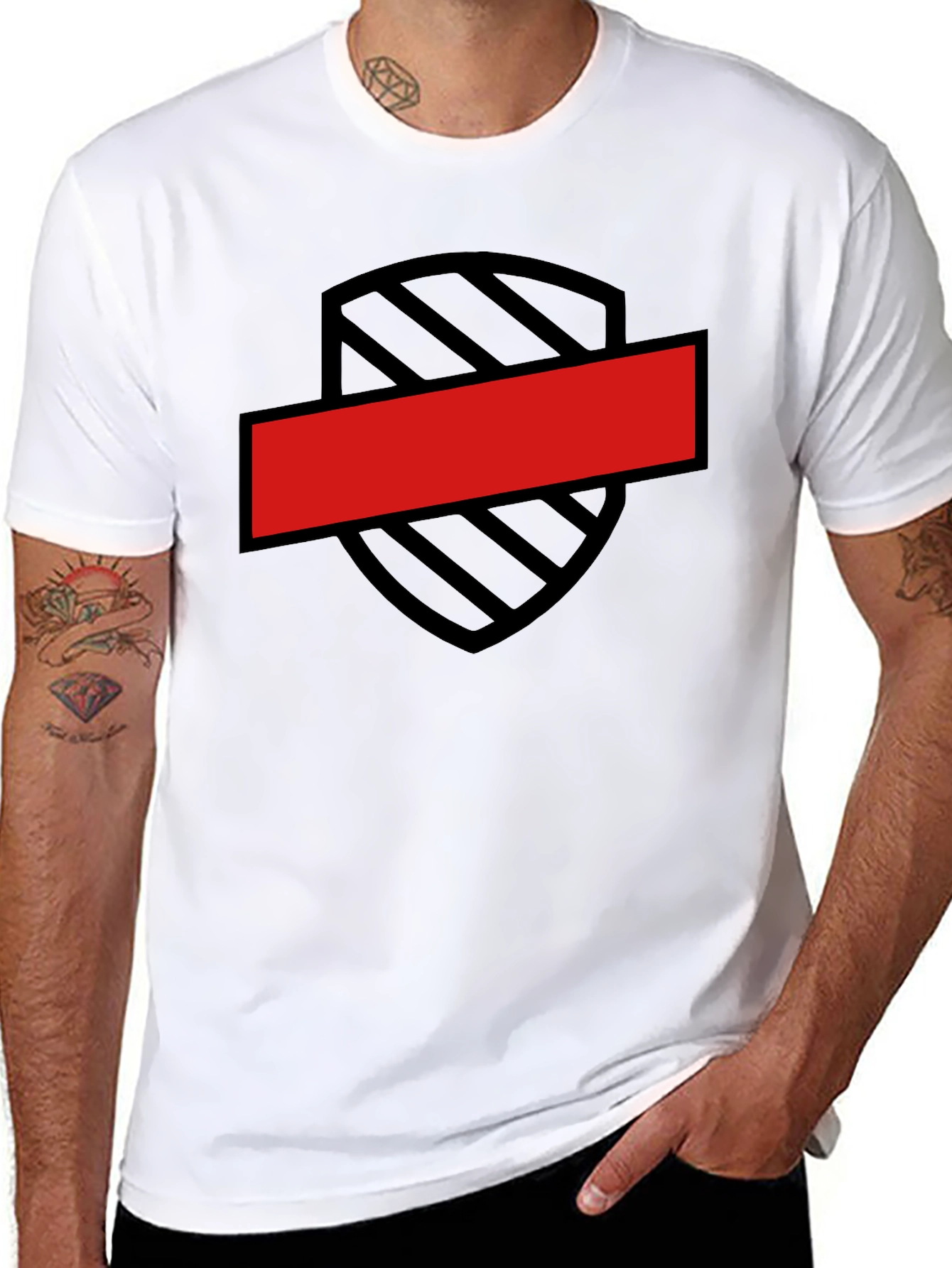 Black T-Shirt with Shield and Red Bar Design