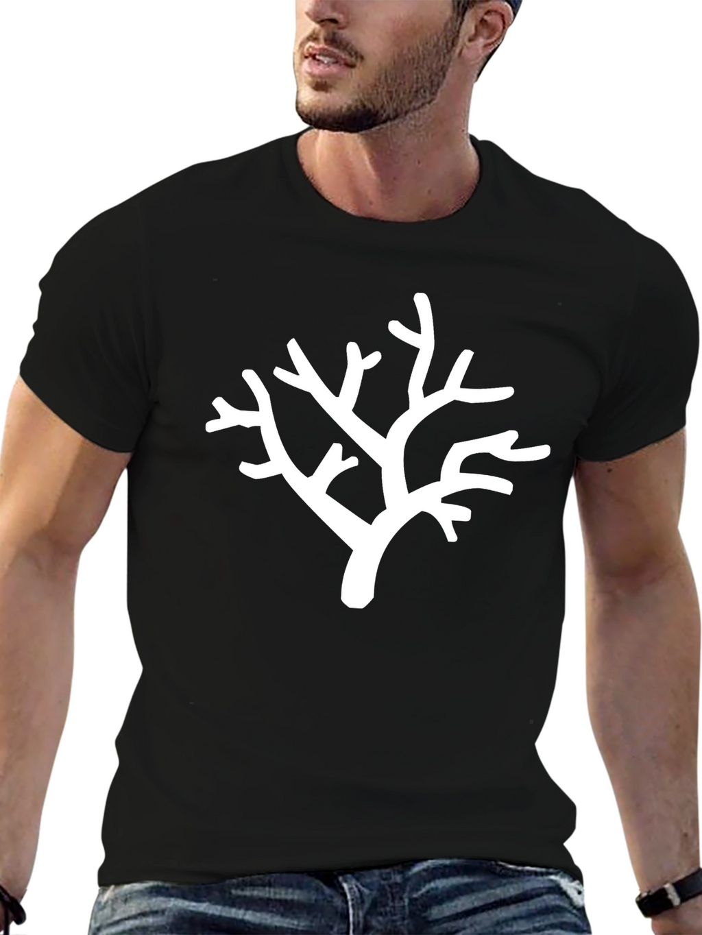 White Branch Print Black T-Shirt