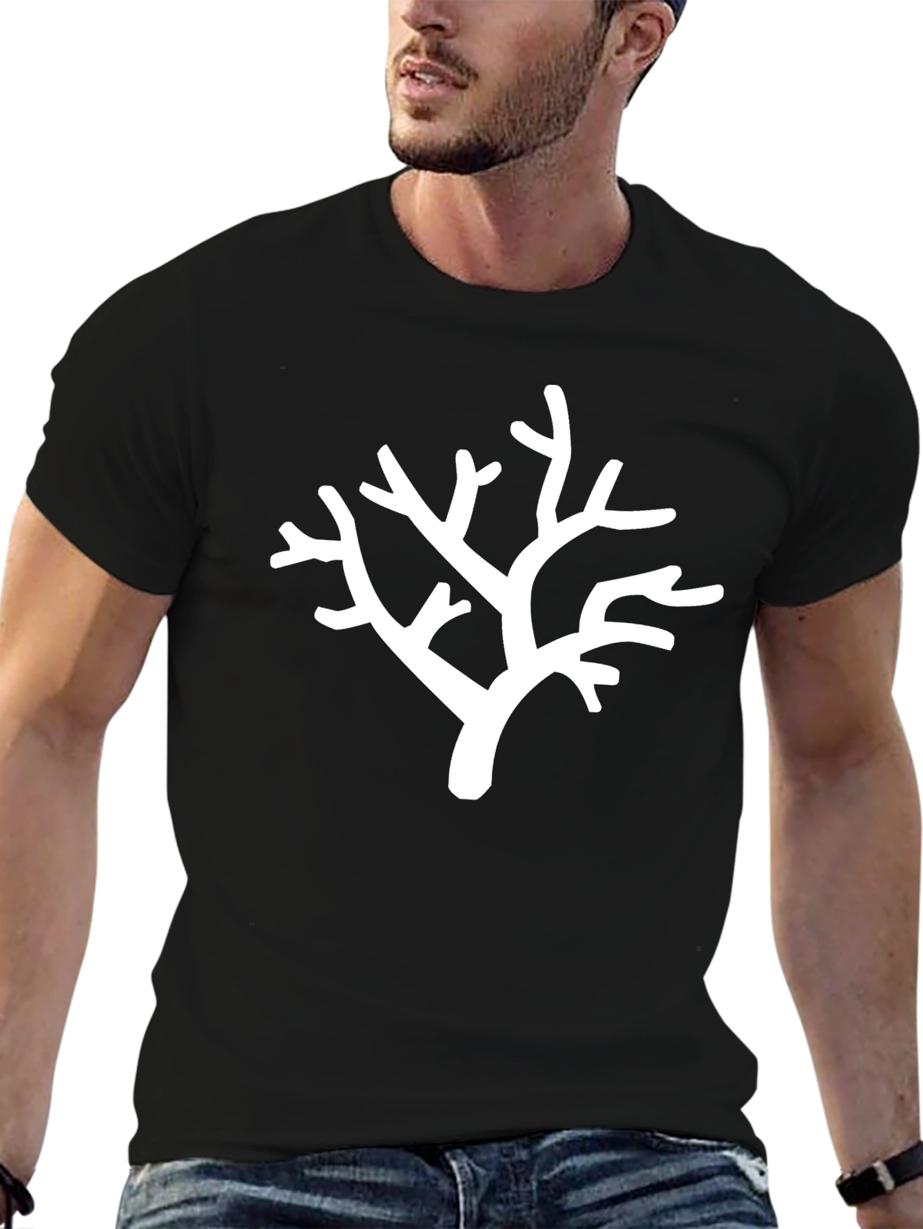 White Branch Print Black T-Shirt