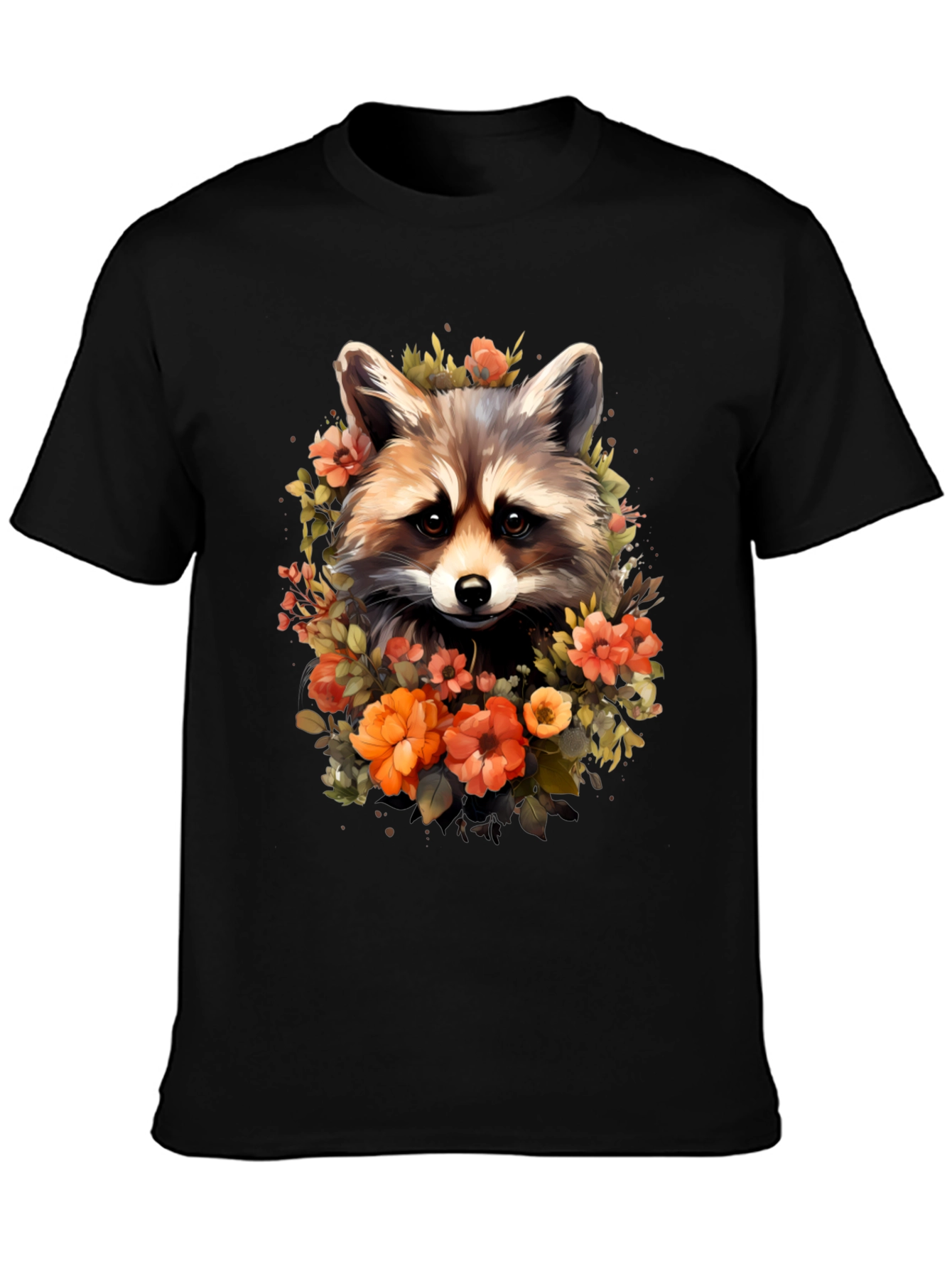 Raccoon & Floral Graphic Tee - Soft Black T-Shirt