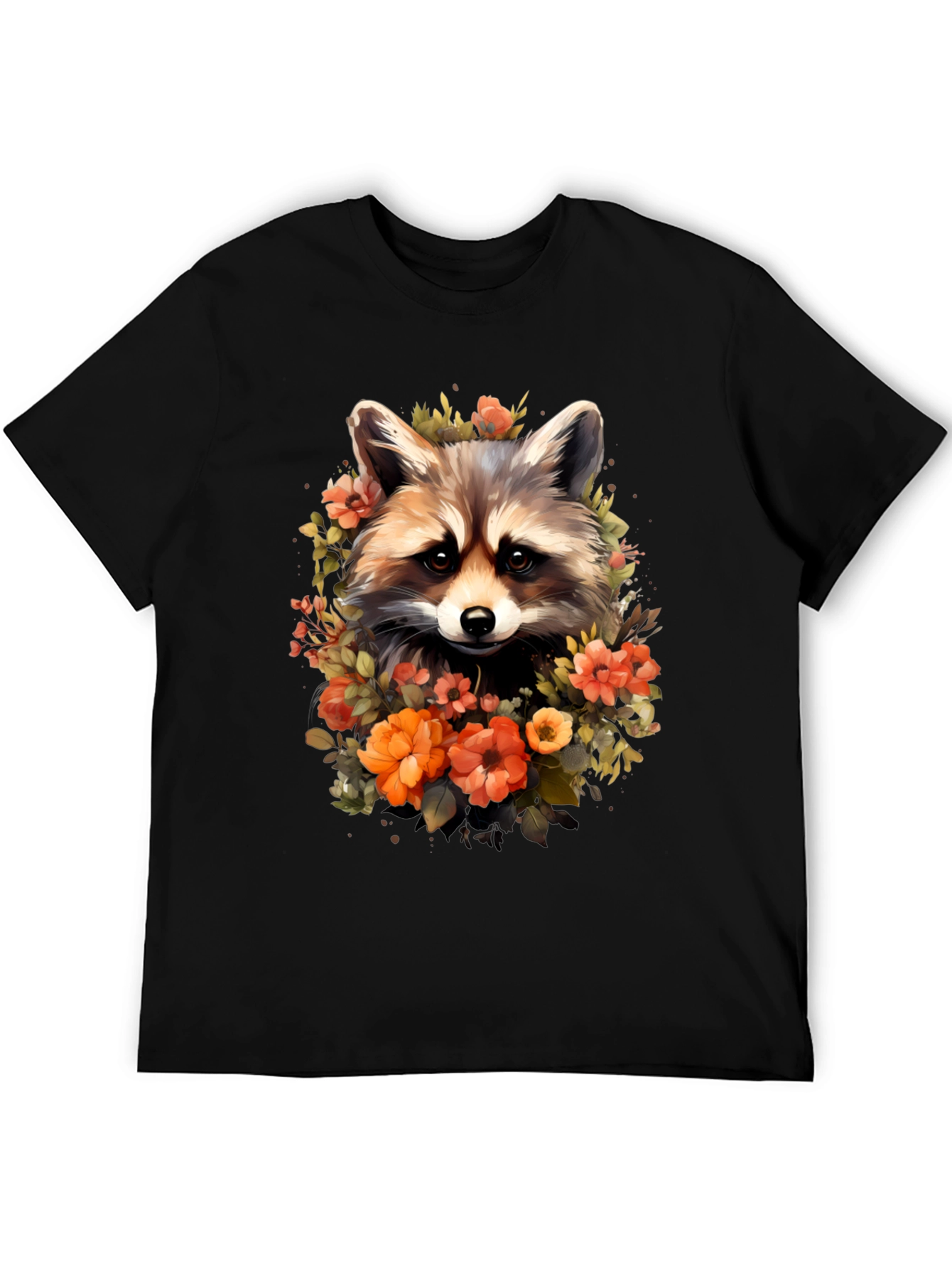 Raccoon & Floral Graphic Tee - Soft Black T-Shirt