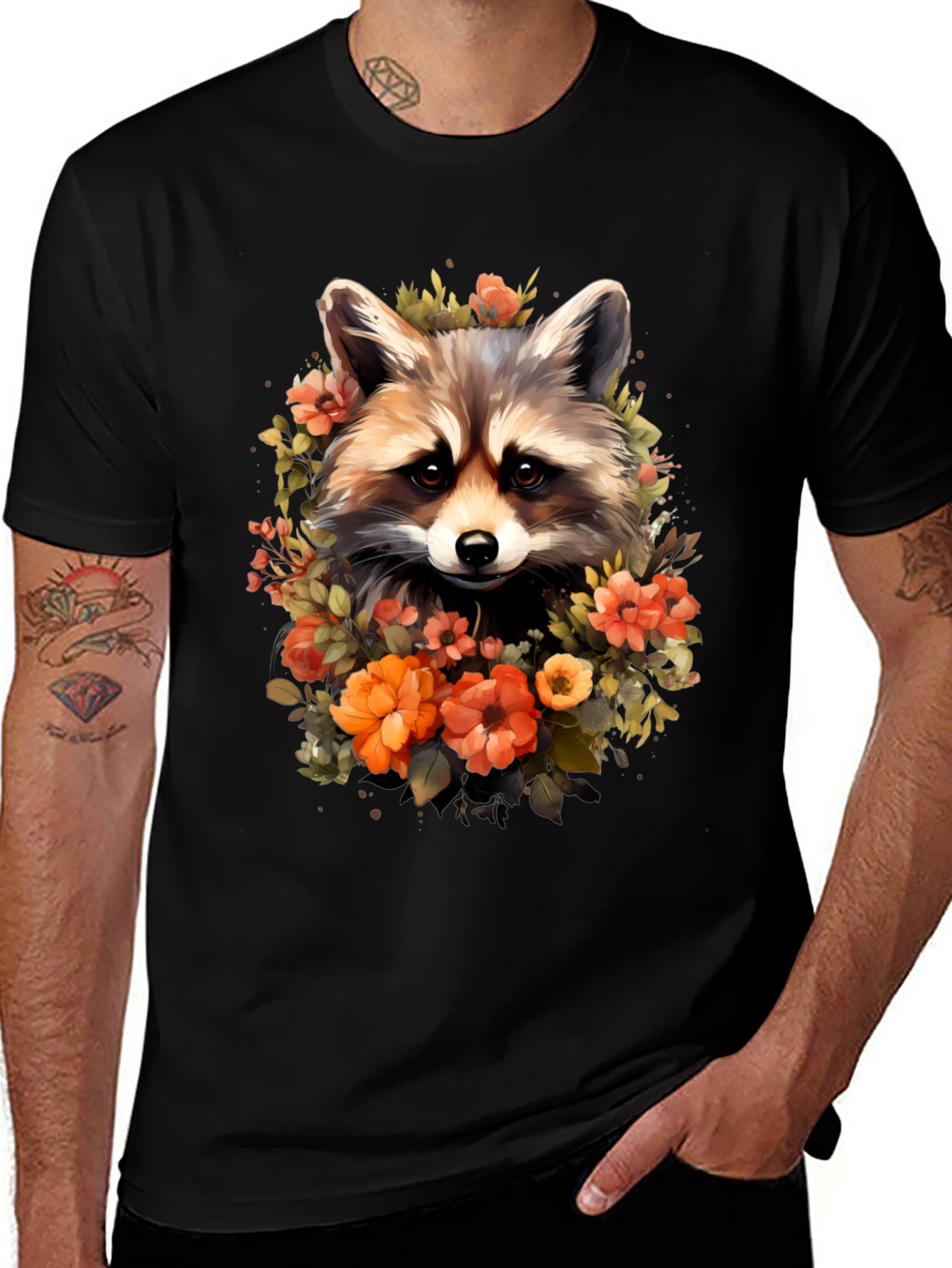 Raccoon & Floral Graphic Tee - Soft Black T-Shirt