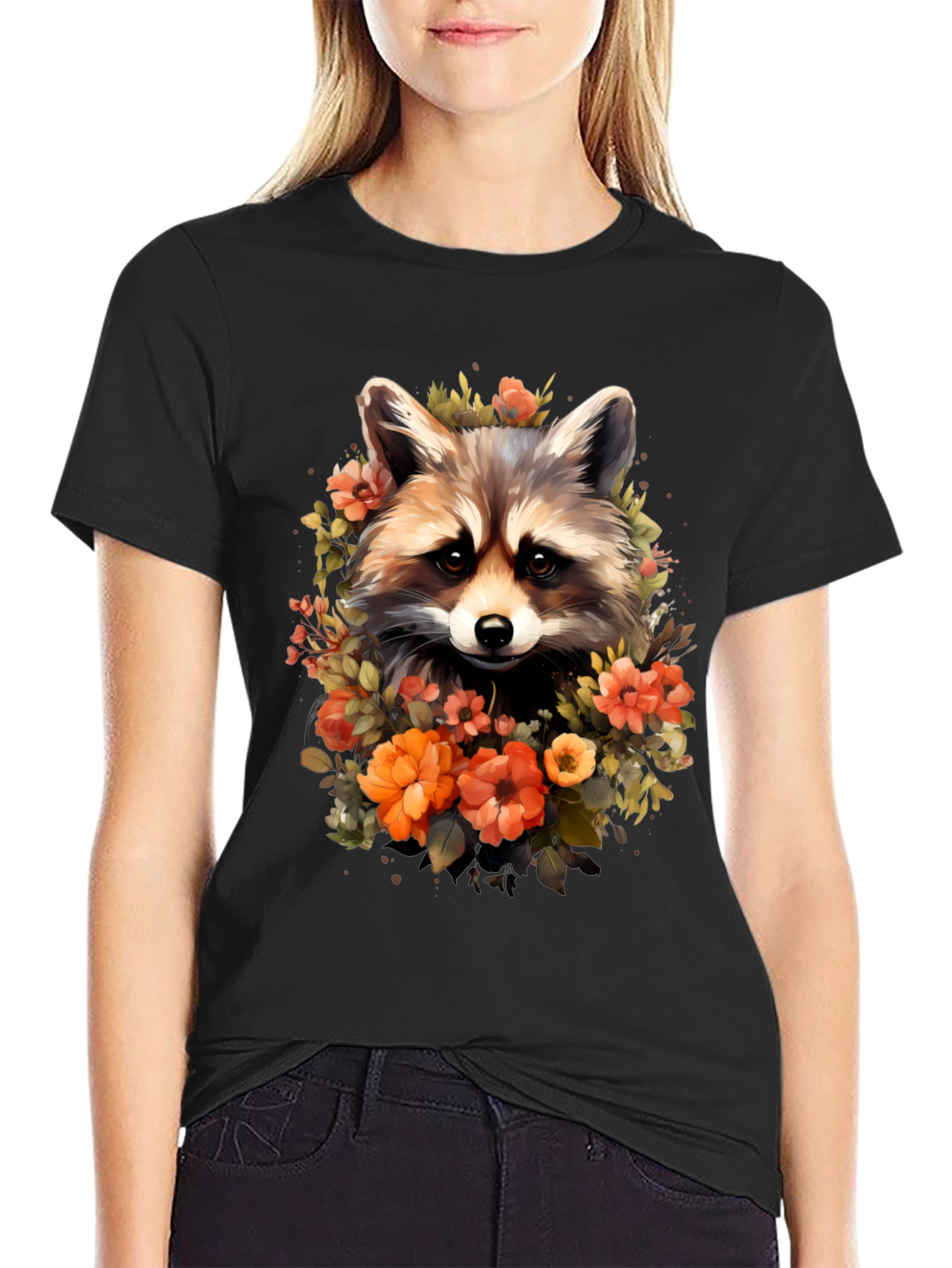 Raccoon & Floral Graphic Tee - Soft Black T-Shirt