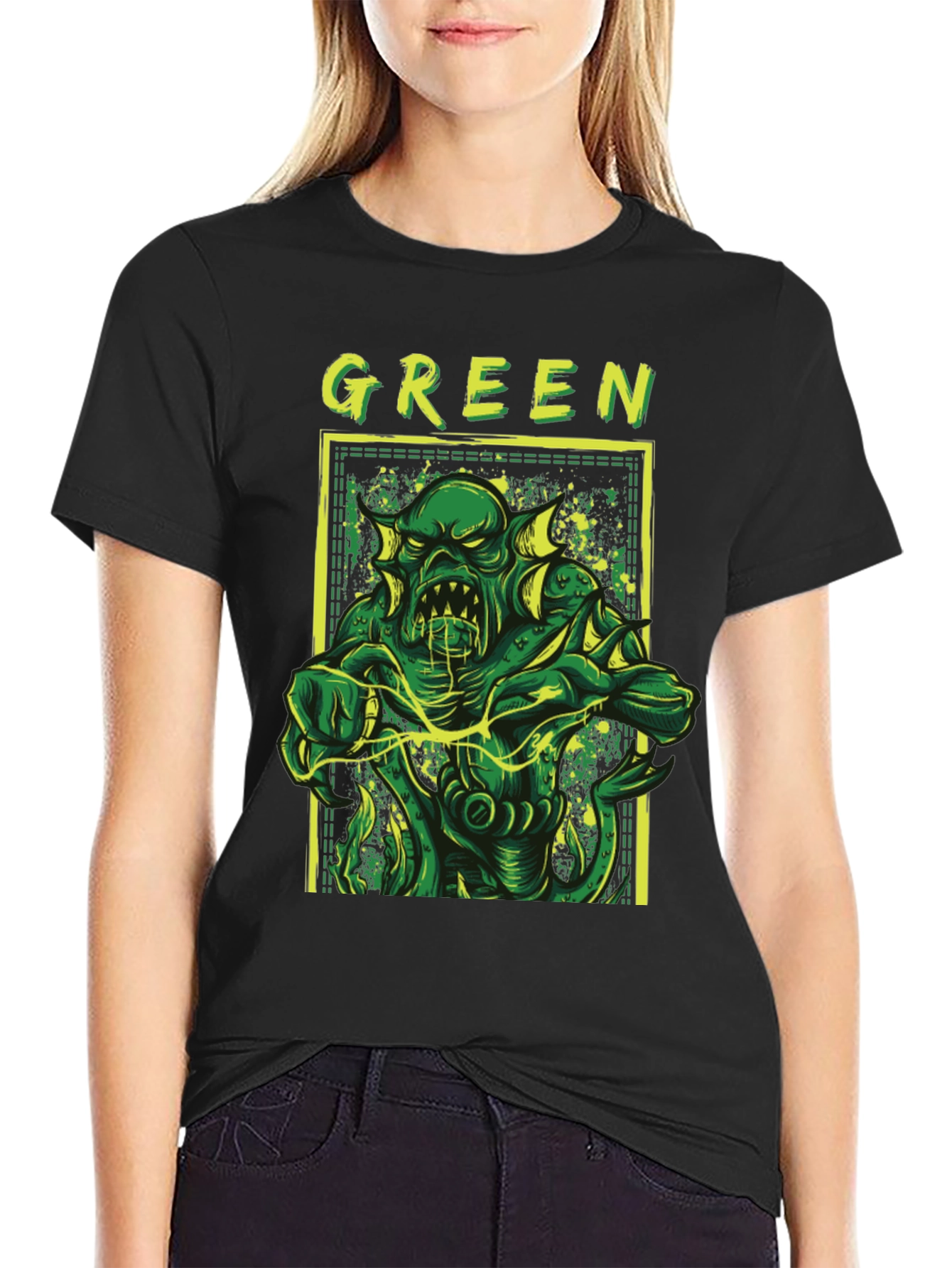 Green Monster Graphic Tee - Black Horror T-Shirt