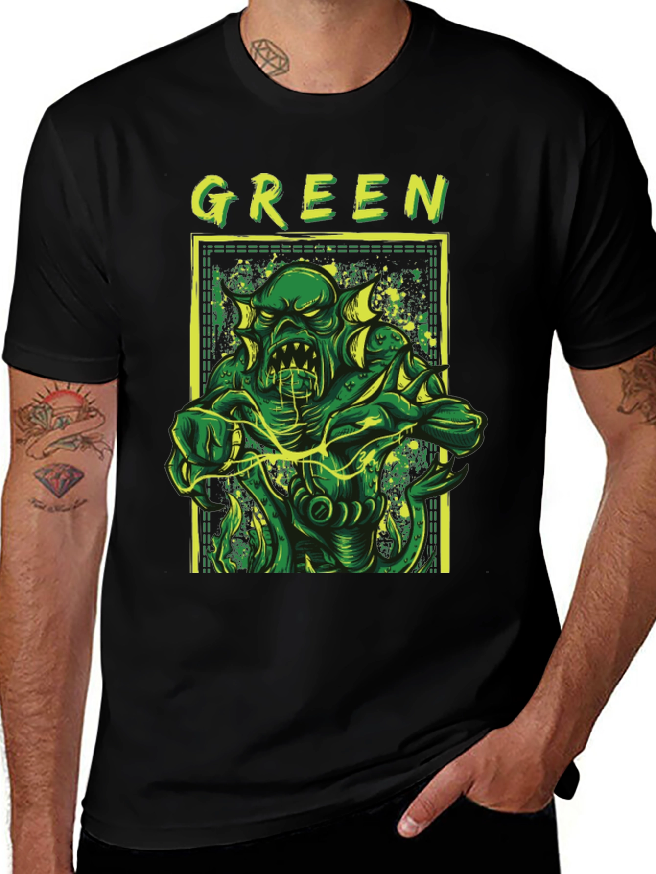 Green Monster Graphic Tee - Black Horror T-Shirt