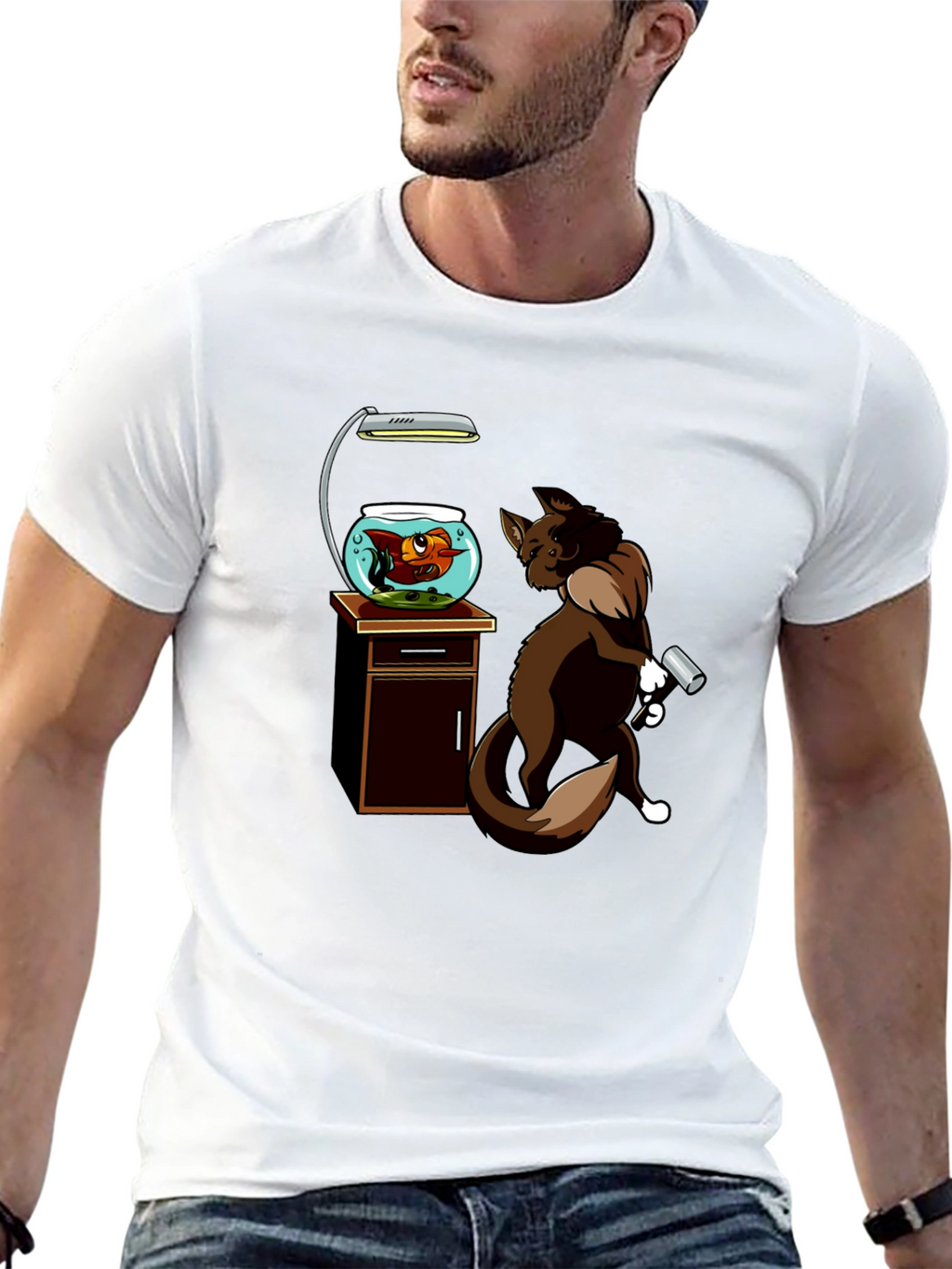 Cat vs. Fishbowl Graphic T-Shirt - Black