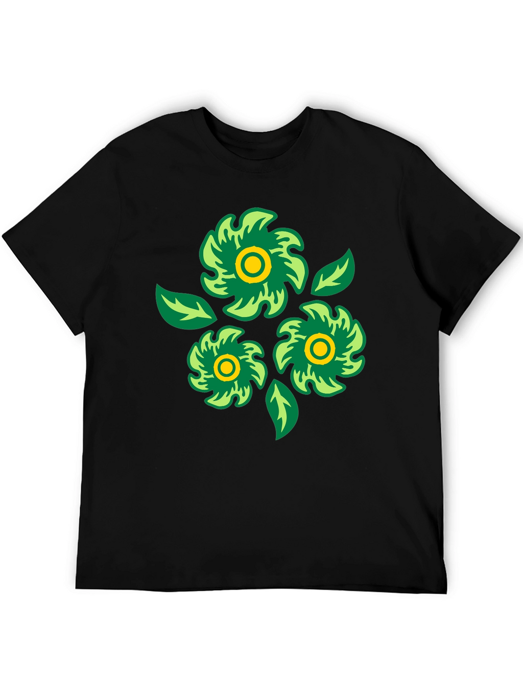 Green Floral Graphic Print Black T-Shirt