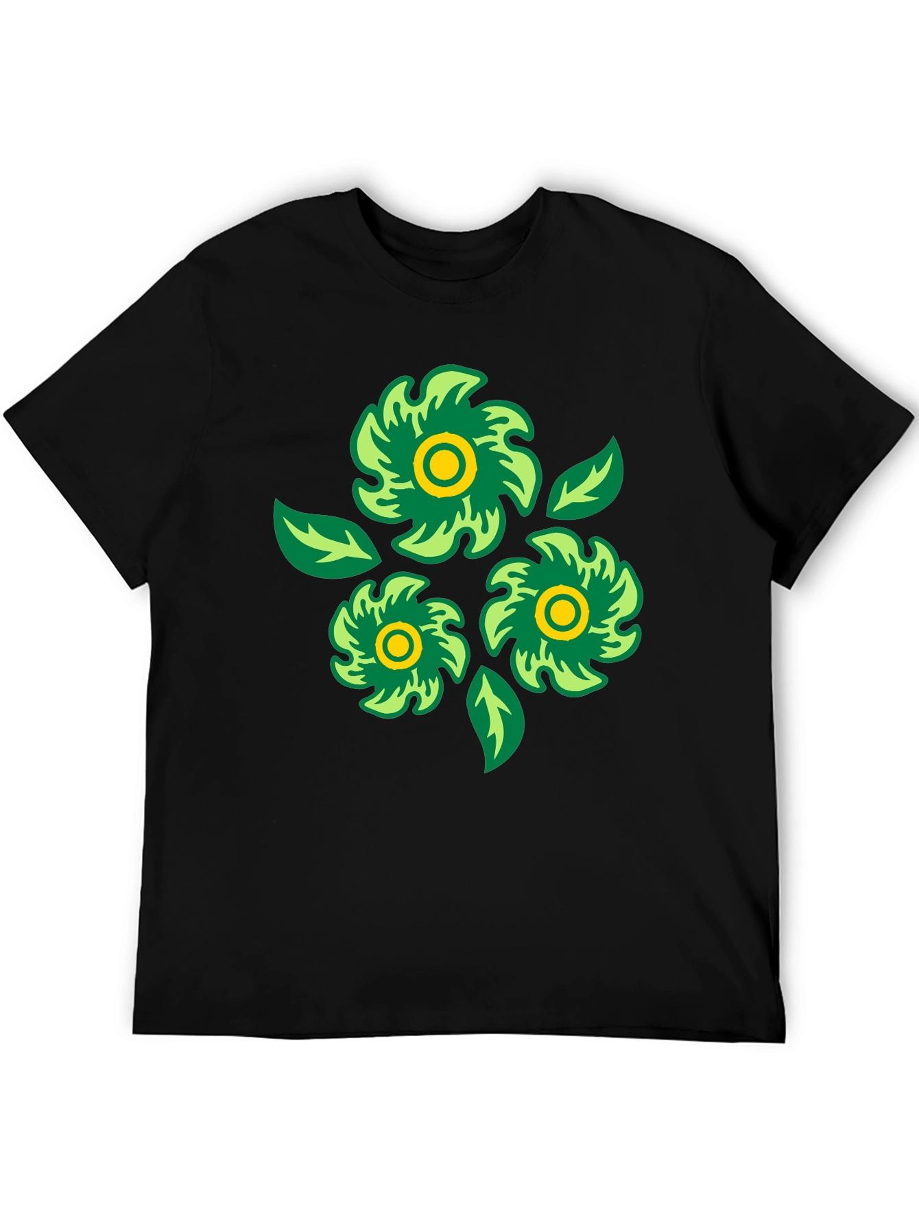 Green Floral Graphic Print Black T-Shirt