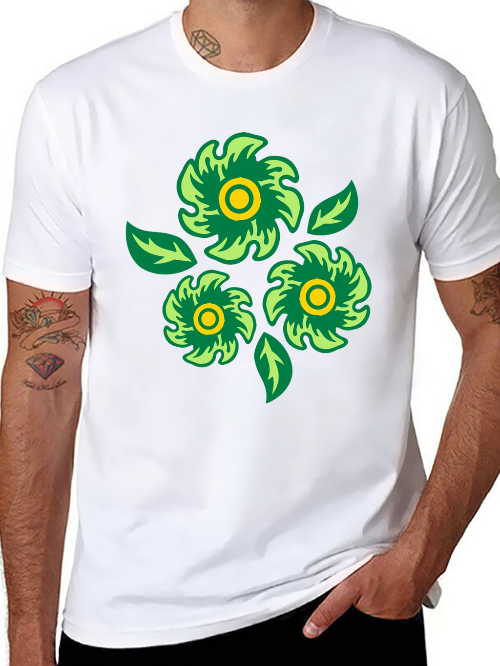 Green Floral Graphic Print Black T-Shirt