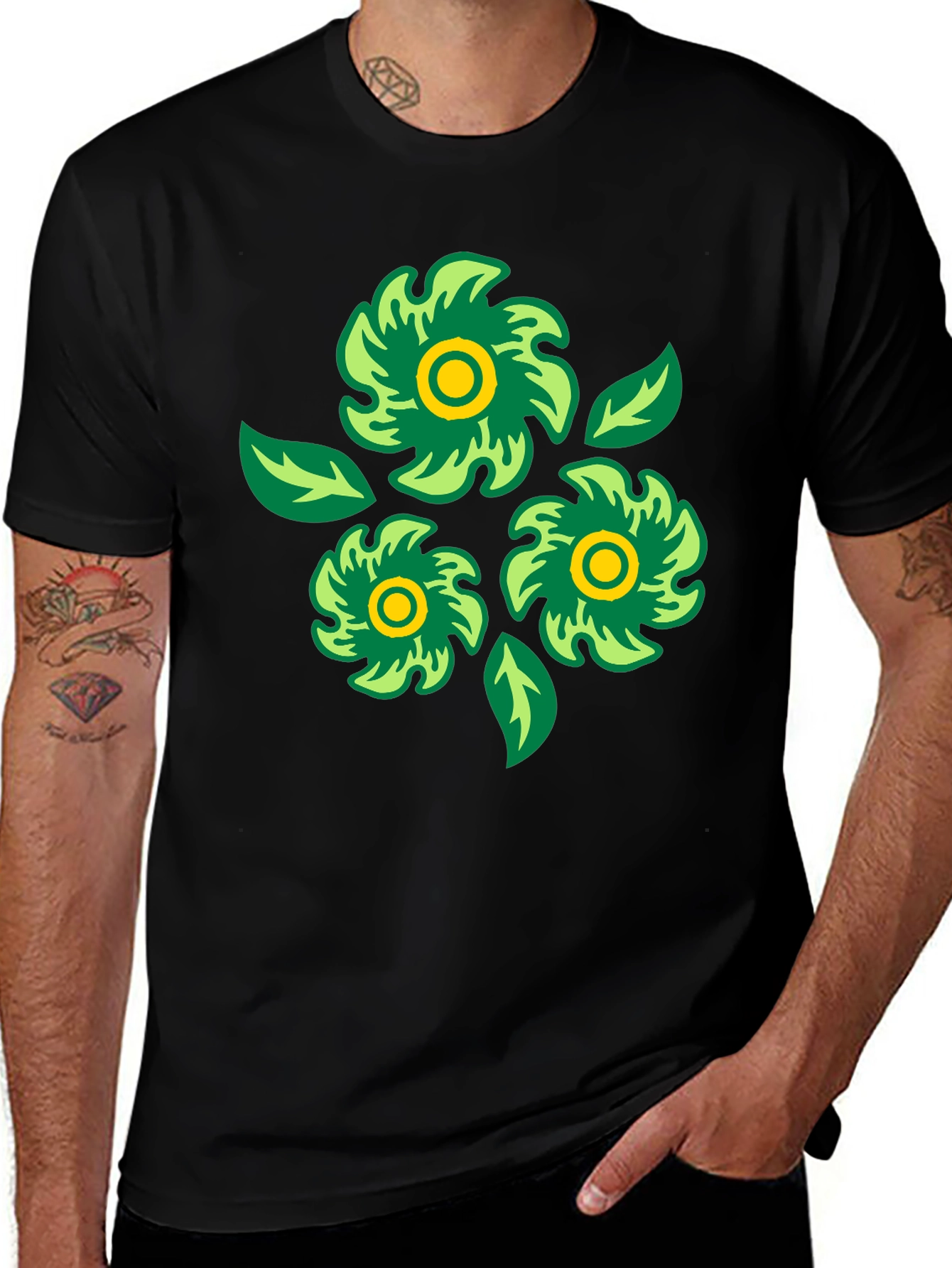 Green Floral Graphic Print Black T-Shirt