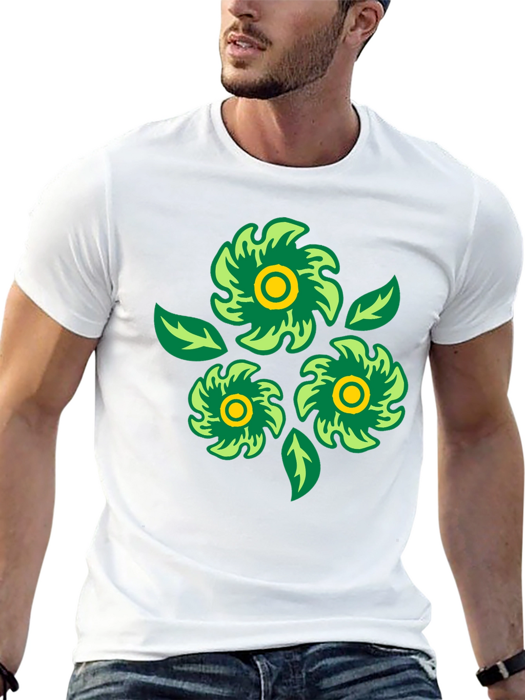 Green Floral Graphic Print Black T-Shirt