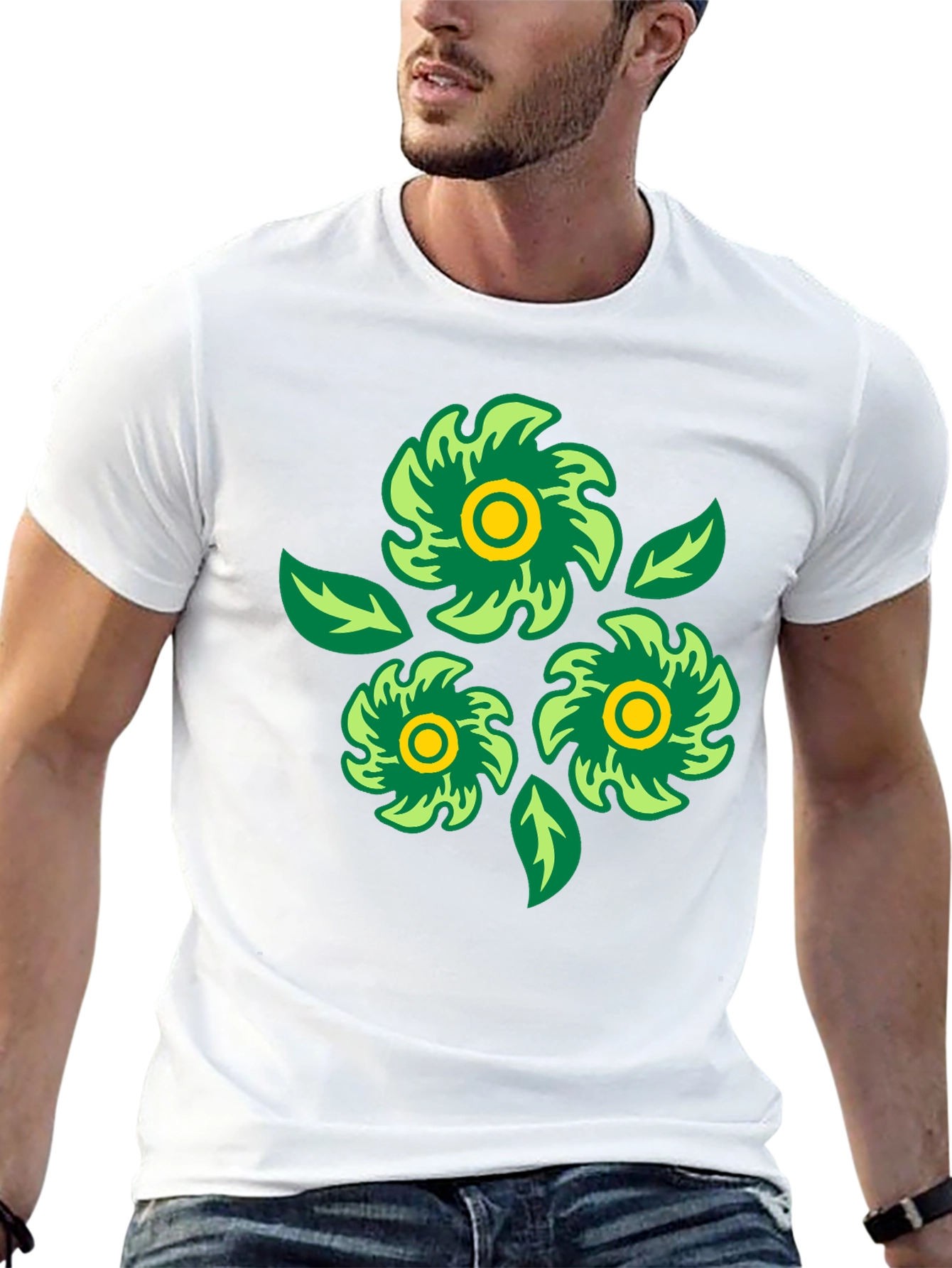 Green Floral Graphic Print Black T-Shirt