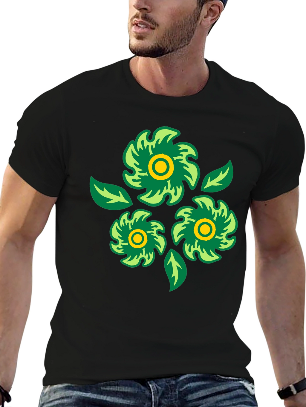 Green Floral Graphic Print Black T-Shirt