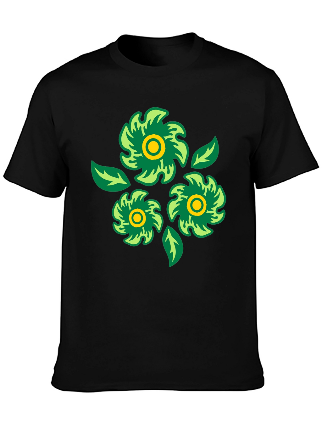 Green Floral Graphic Print Black T-Shirt