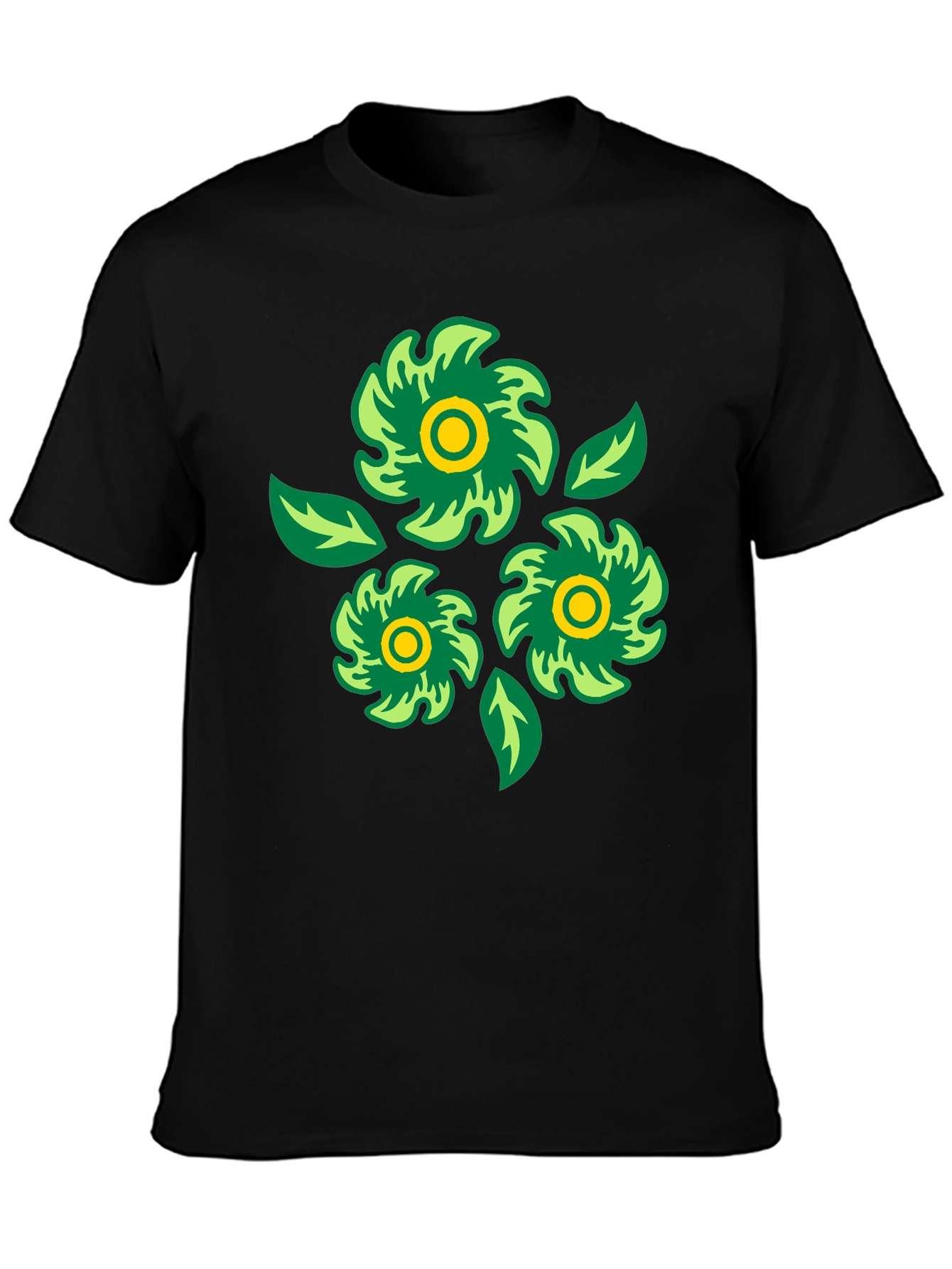 Green Floral Graphic Print Black T-Shirt
