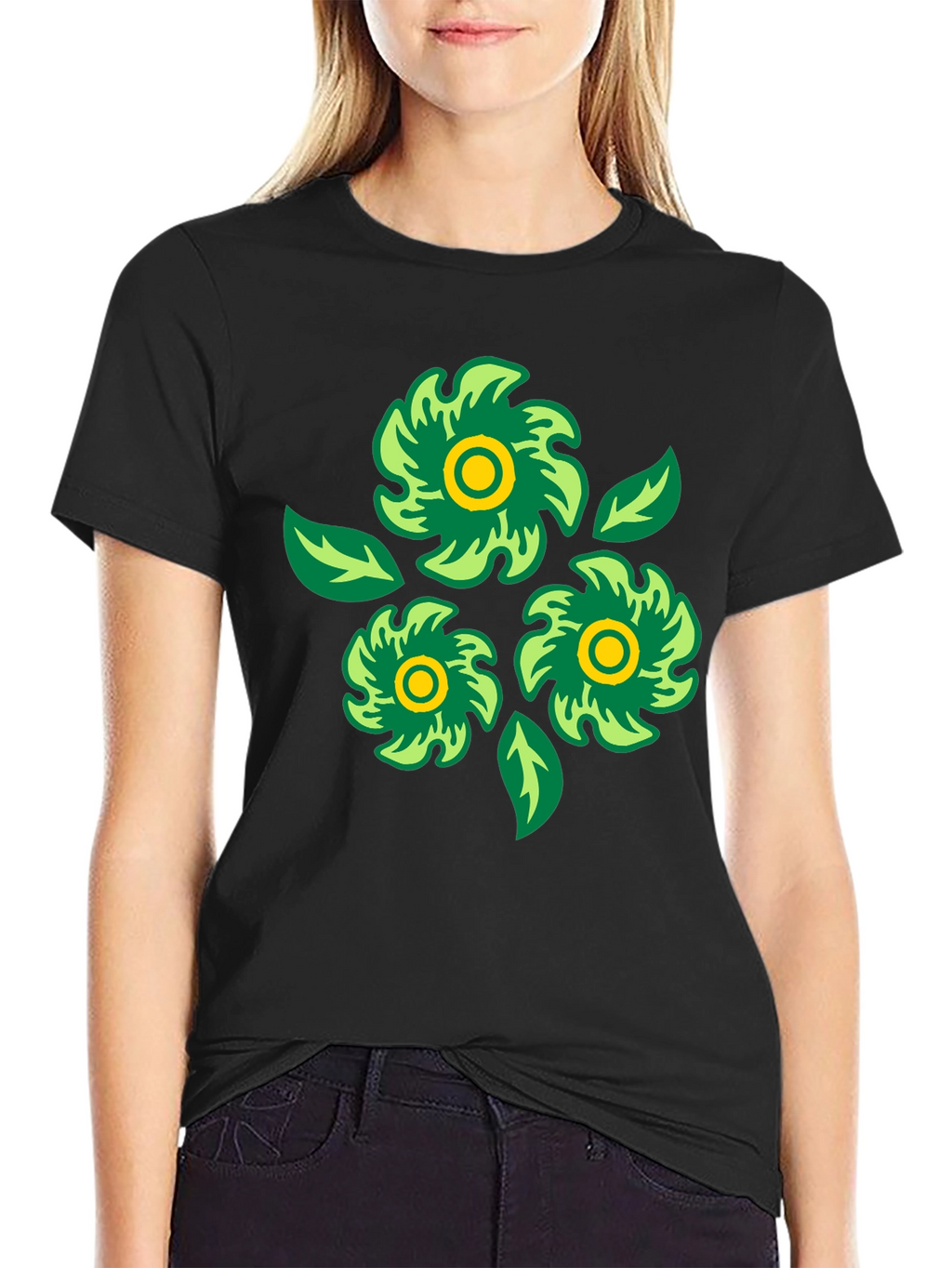 Green Floral Graphic Print Black T-Shirt
