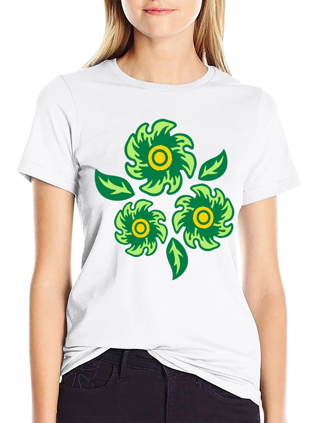 Green Floral Graphic Print Black T-Shirt