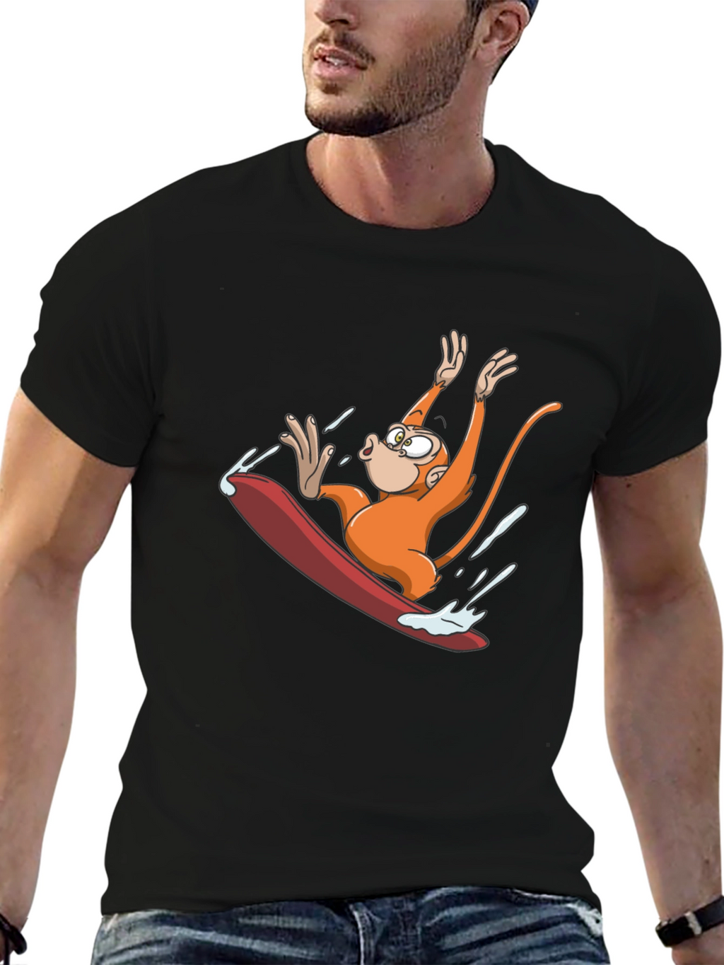 Monkey Surfing T-Shirt - Black Cotton Tee