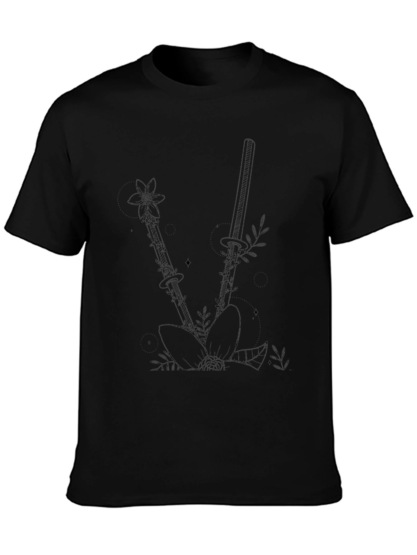Floral Katana Black T-Shirt - Edgy Botanical Design