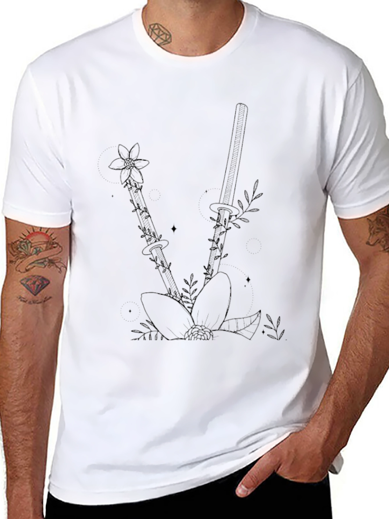 Floral Katana Black T-Shirt - Edgy Botanical Design