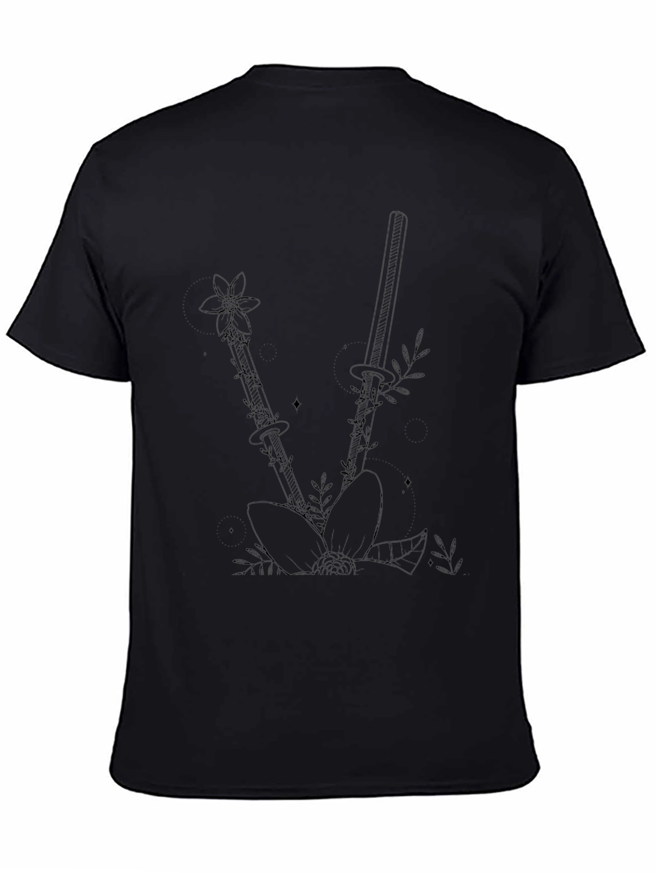 Floral Katana Black T-Shirt - Edgy Botanical Design