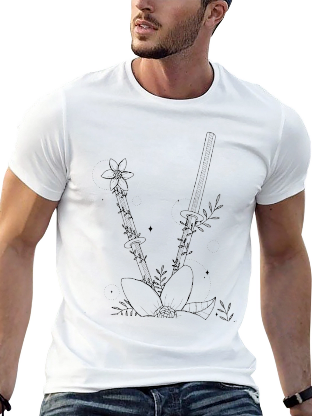 Floral Katana Black T-Shirt - Edgy Botanical Design