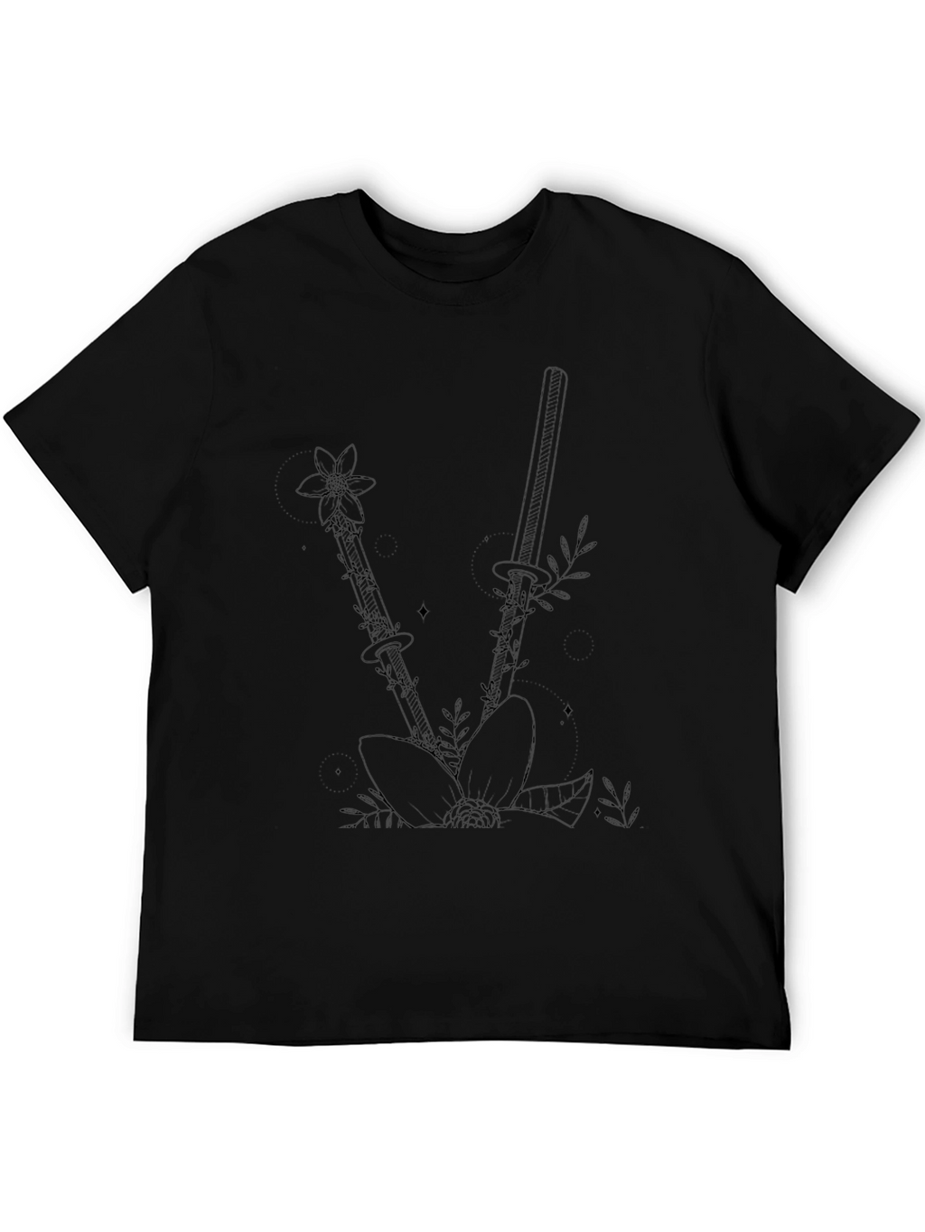 Floral Katana Black T-Shirt - Edgy Botanical Design