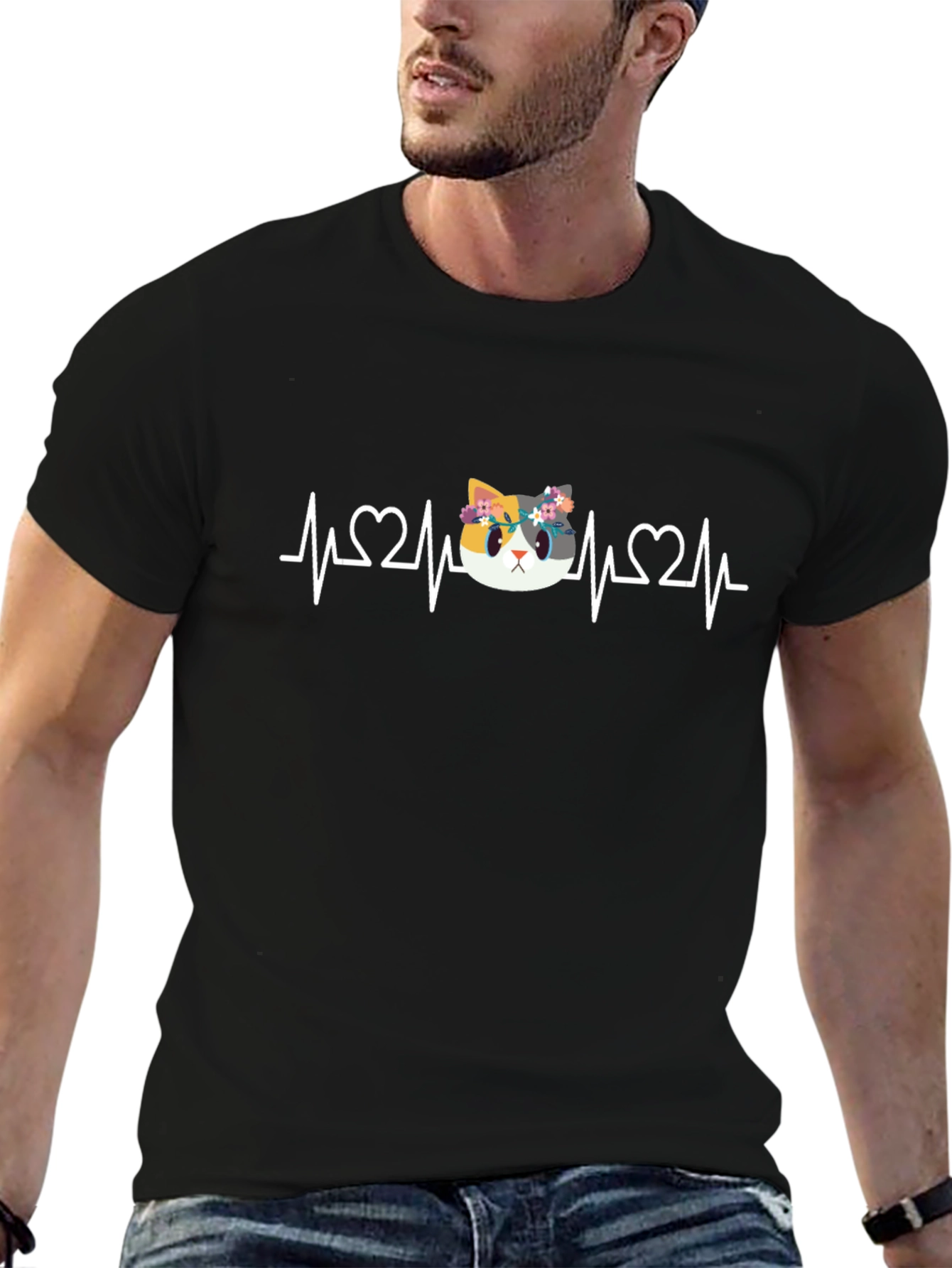 Cat Heartbeat T-Shirt - Floral Crown Kitten Tee