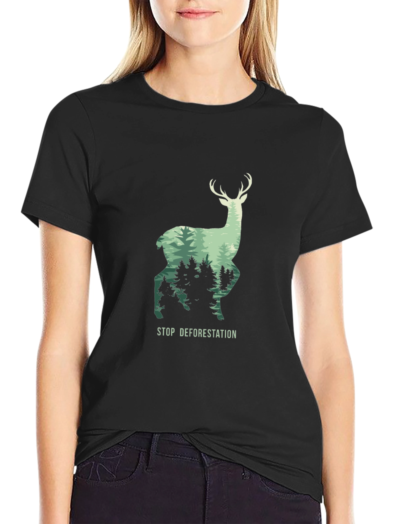 Stop Deforestation Deer Graphic Black T-Shirt