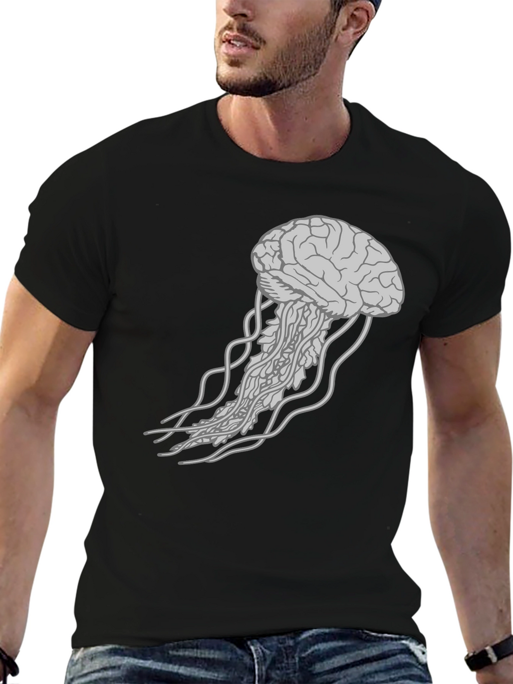 Brain Jellyfish Graphic Tee - Black Cotton T-Shirt