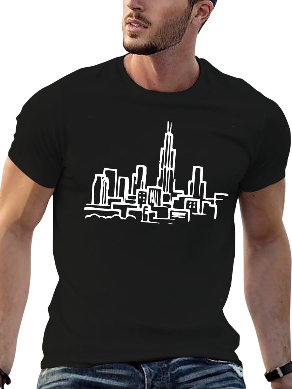 Chicago Skyline Graphic Tee - Black Cotton T-Shirt