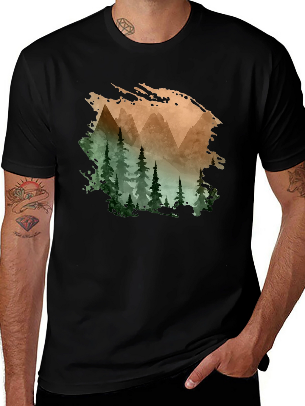 Mountain & Forest Print Black T-Shirt