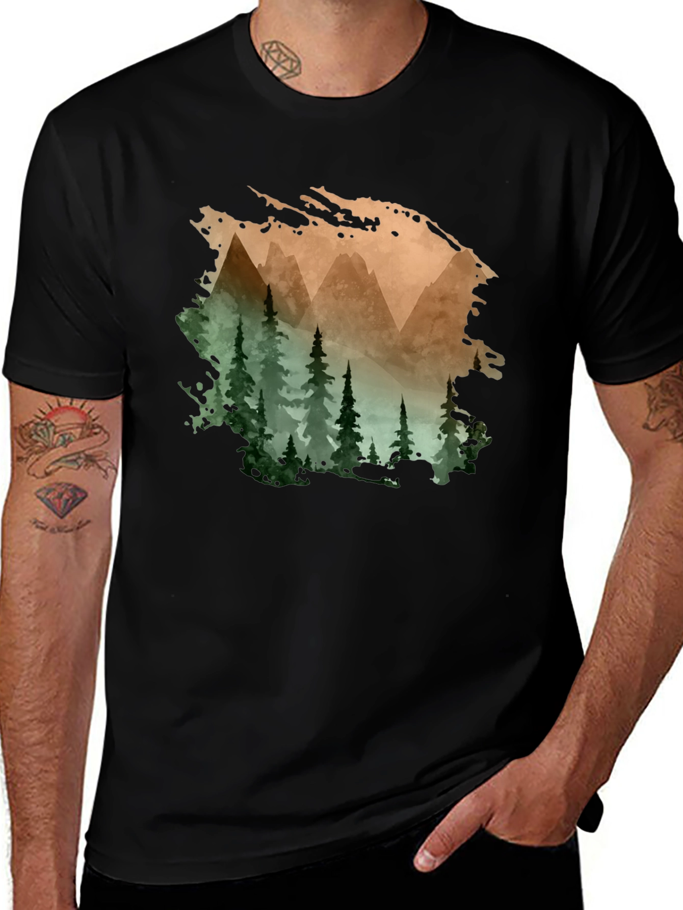 Mountain & Forest Print Black T-Shirt