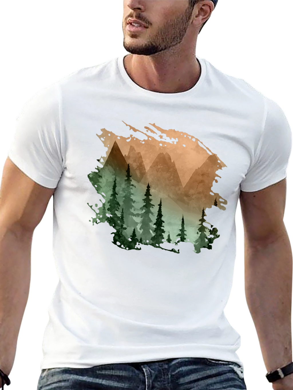 Mountain & Forest Print Black T-Shirt