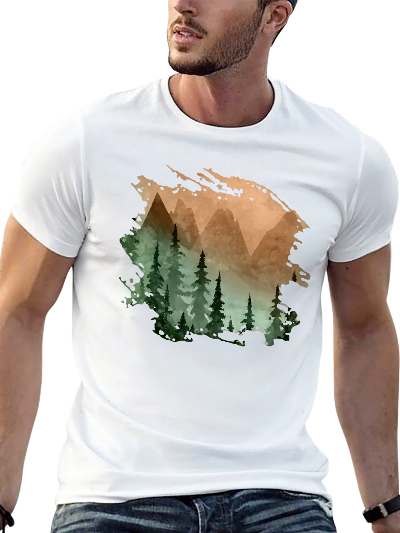 Mountain & Forest Print Black T-Shirt