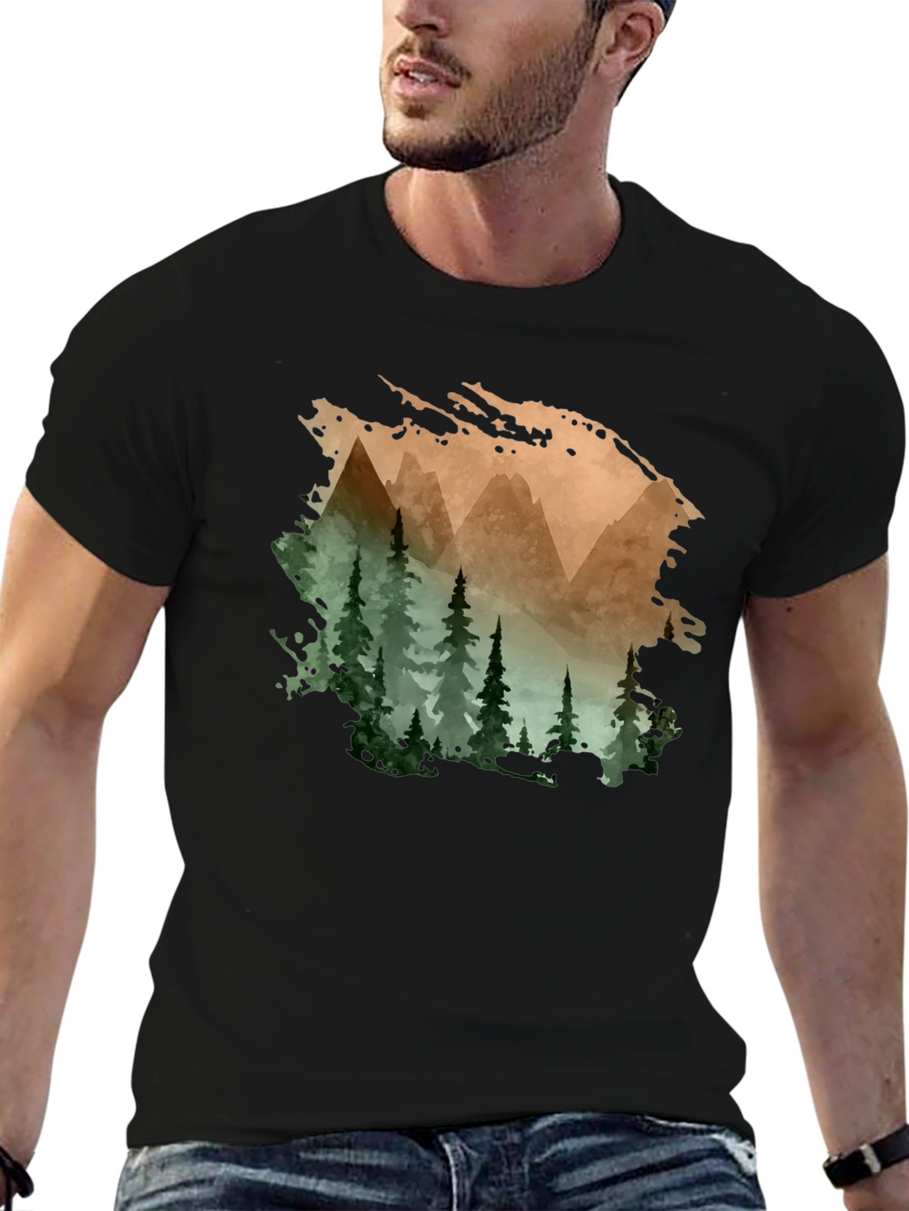 Mountain & Forest Print Black T-Shirt