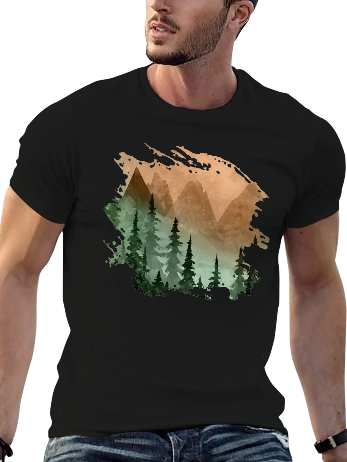 Mountain & Forest Print Black T-Shirt