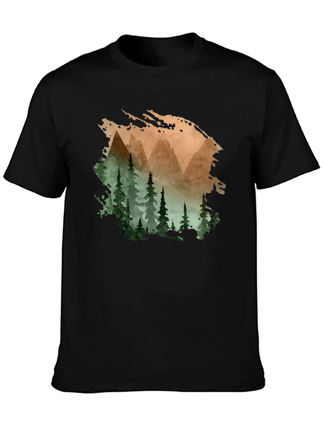 Mountain & Forest Print Black T-Shirt