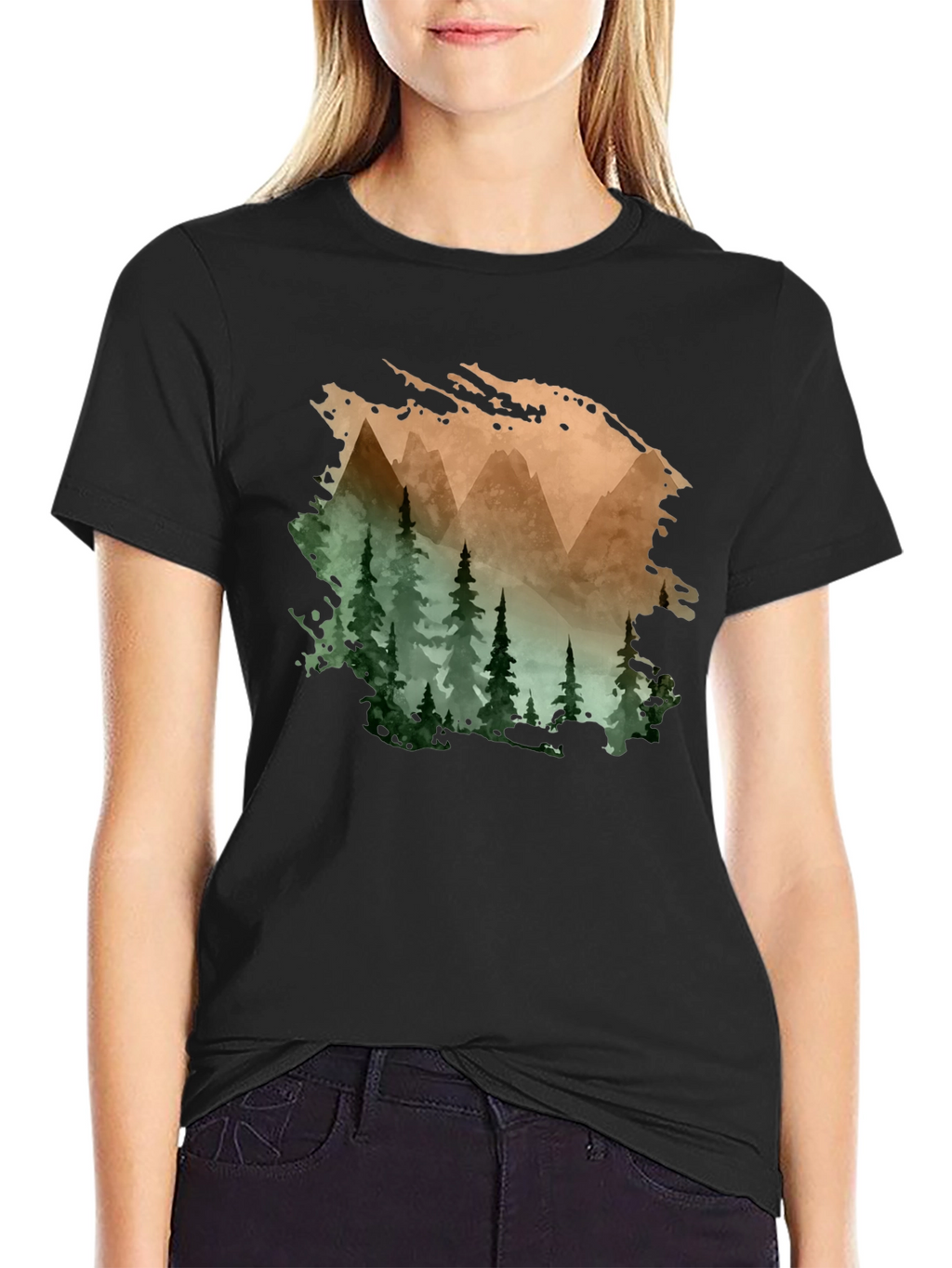 Mountain & Forest Print Black T-Shirt