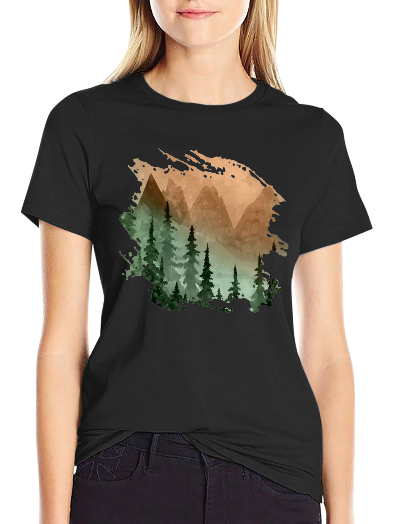 Mountain & Forest Print Black T-Shirt