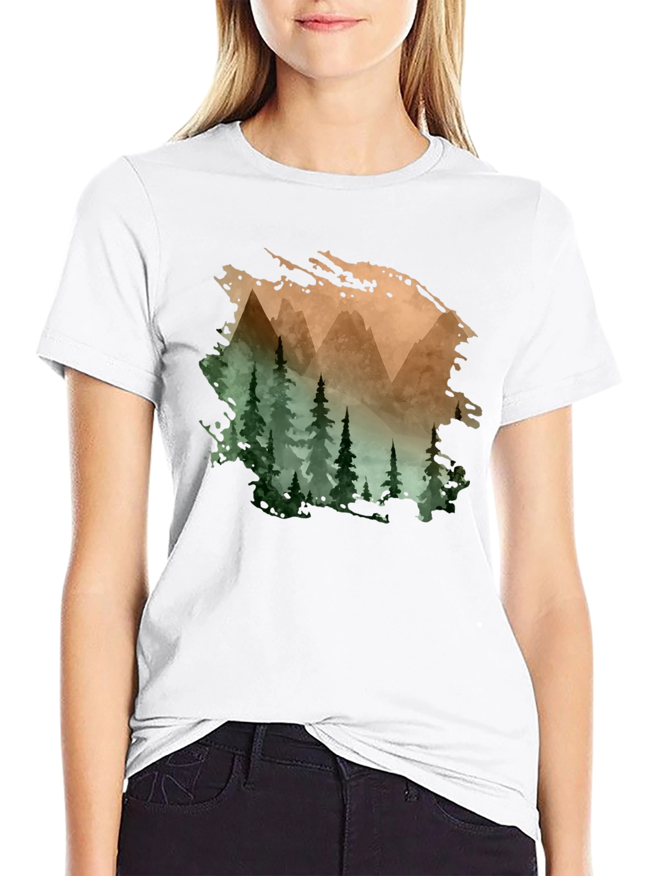 Mountain & Forest Print Black T-Shirt